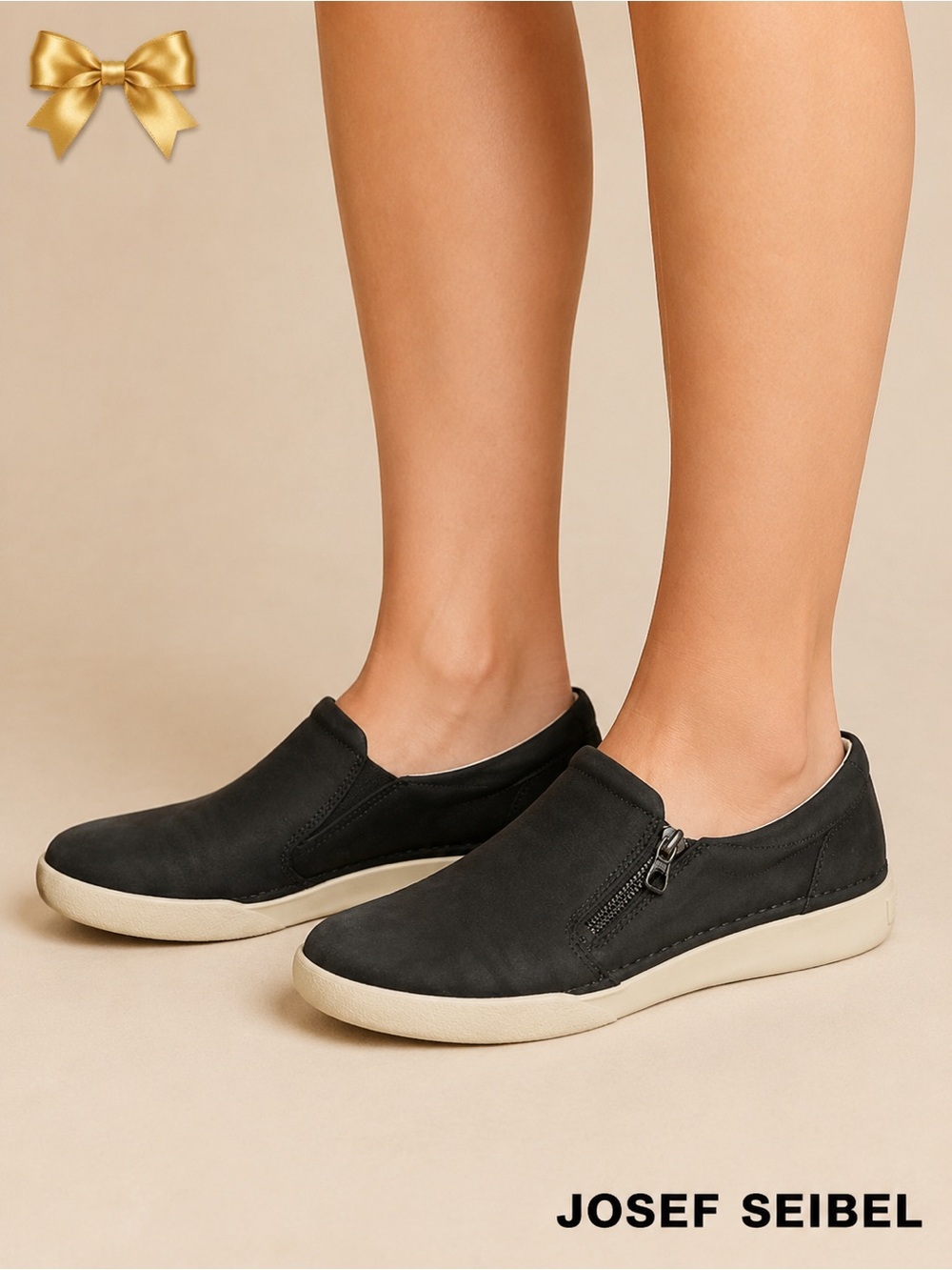 Josef Seibel Black Leather Slip-On Sneakers Zipper Size 38/7-7 1/2